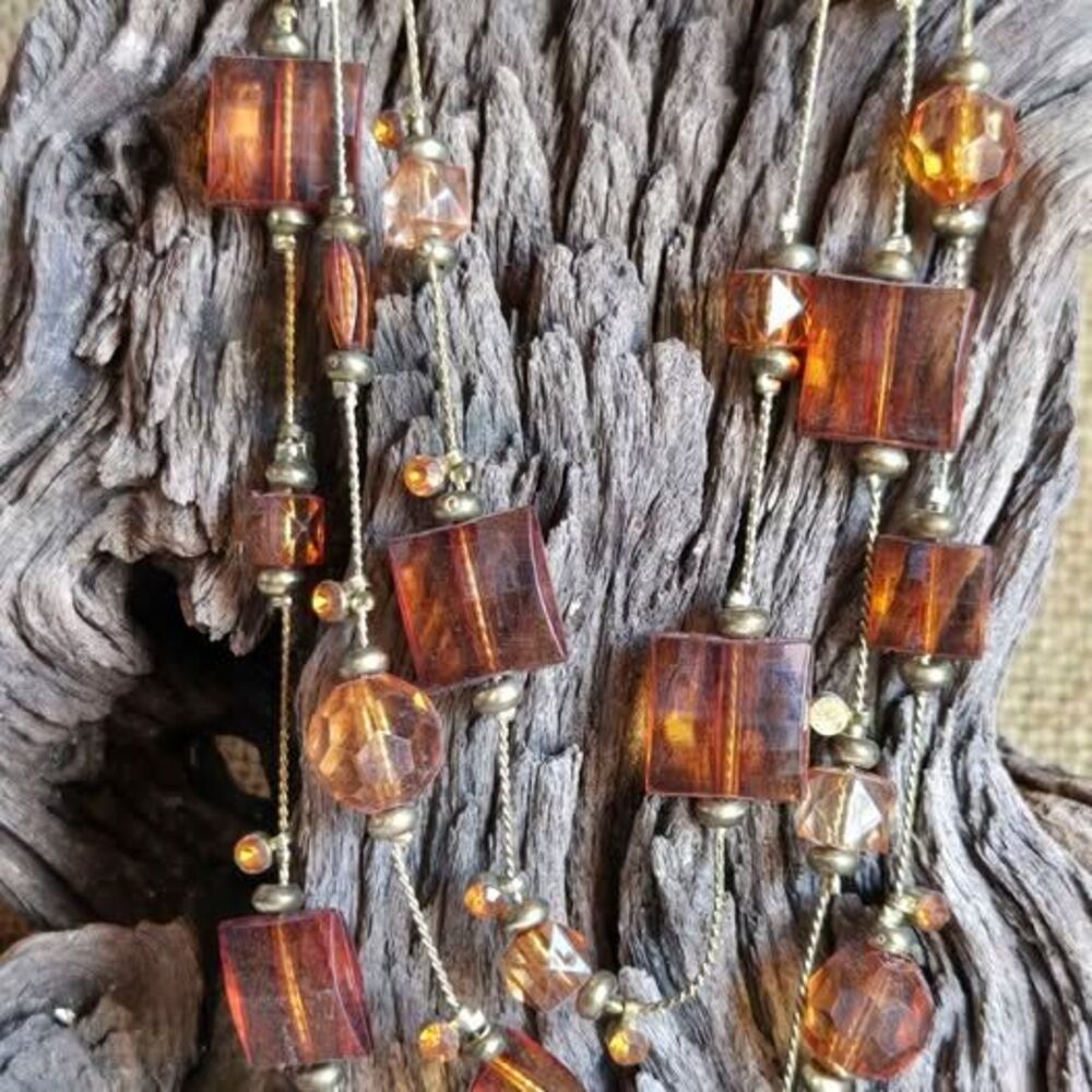 Pre-Owned Amber Brown Multi-Strand Beaded Necklace | Layered Statement Necklace